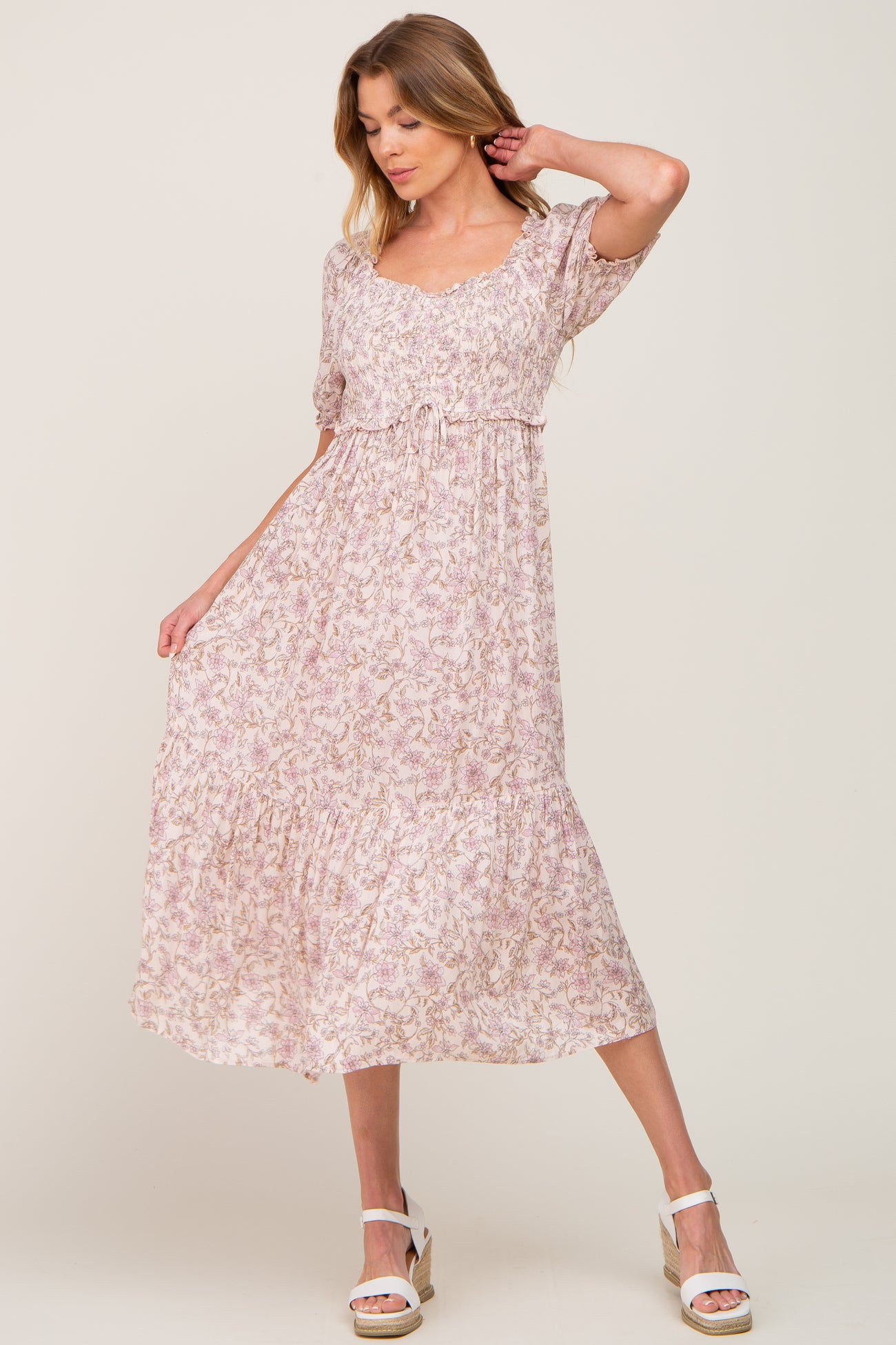 Light Pink Floral Smocked Sweetheart Neck Midi Dress