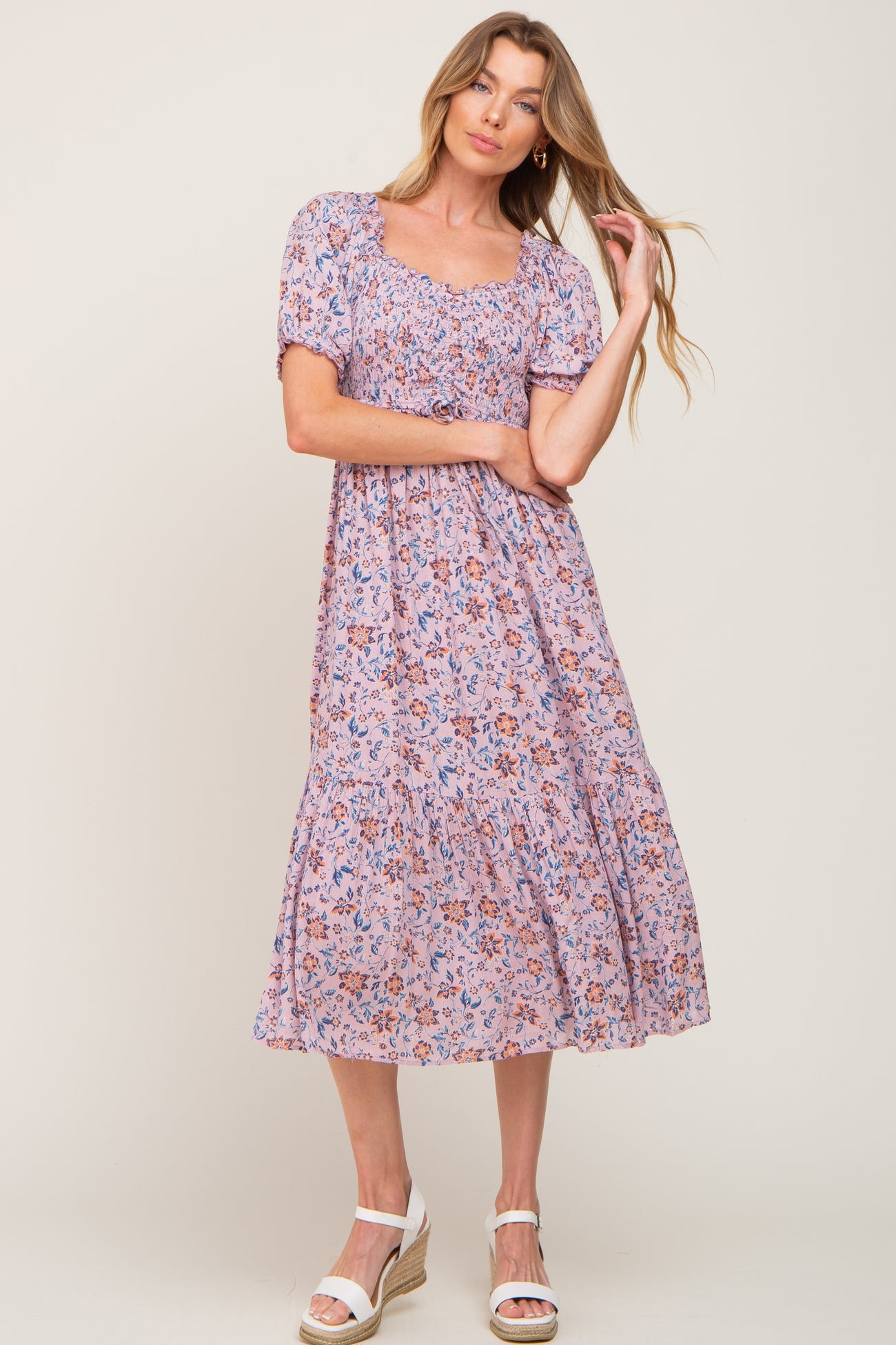 Mauve Floral Smocked Sweetheart Neck Maternity Midi Dress