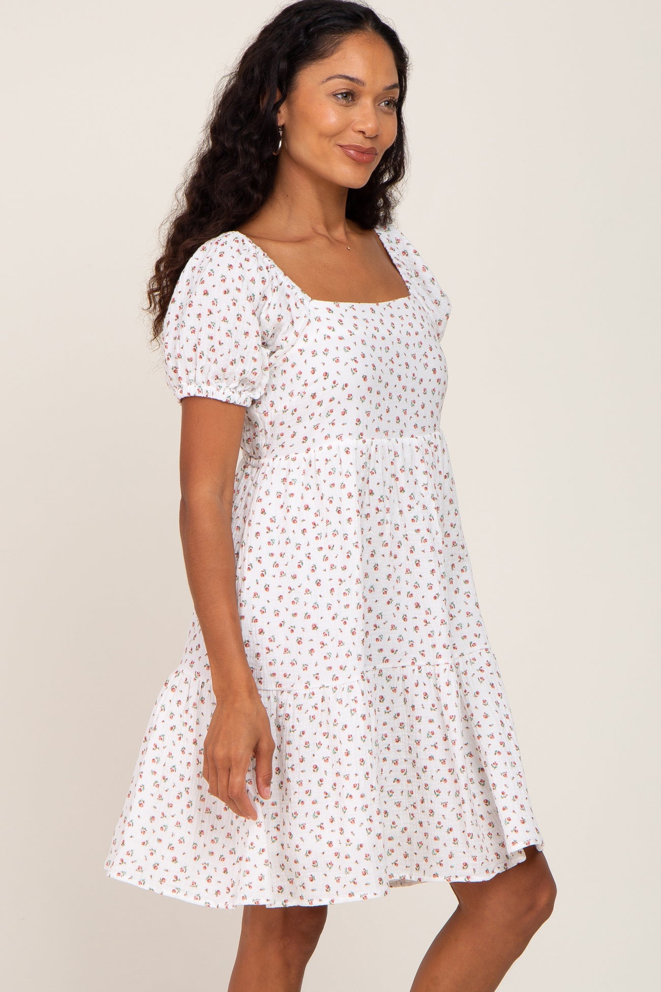 Ivory Floral Puff Sleeve Dress