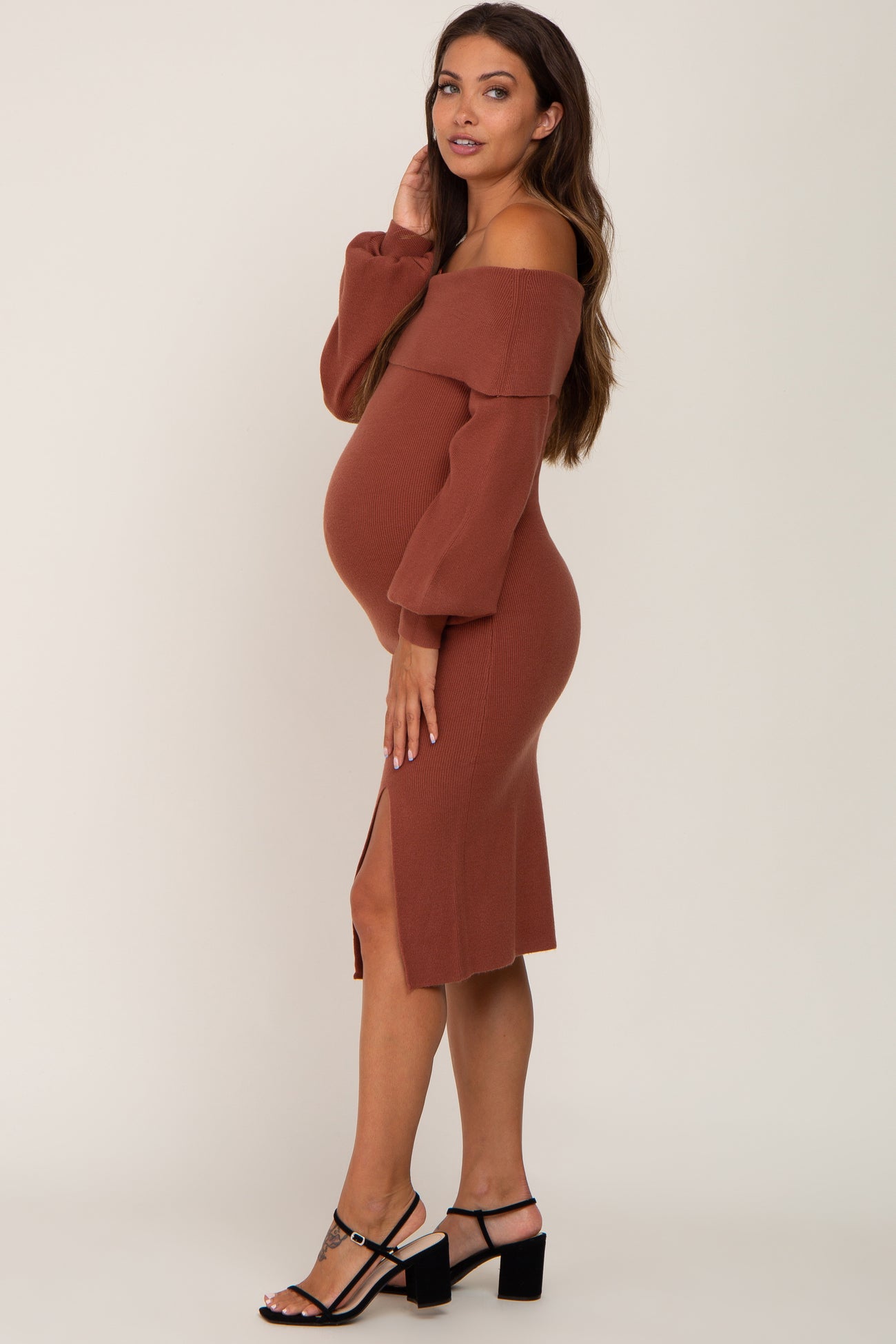 Rust Off Shoulder Maternity Sweater Dress