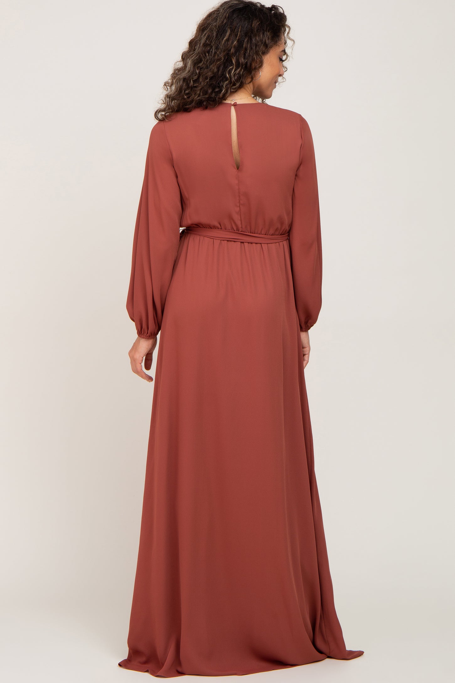 Rust Wrap Front Chiffon Gown