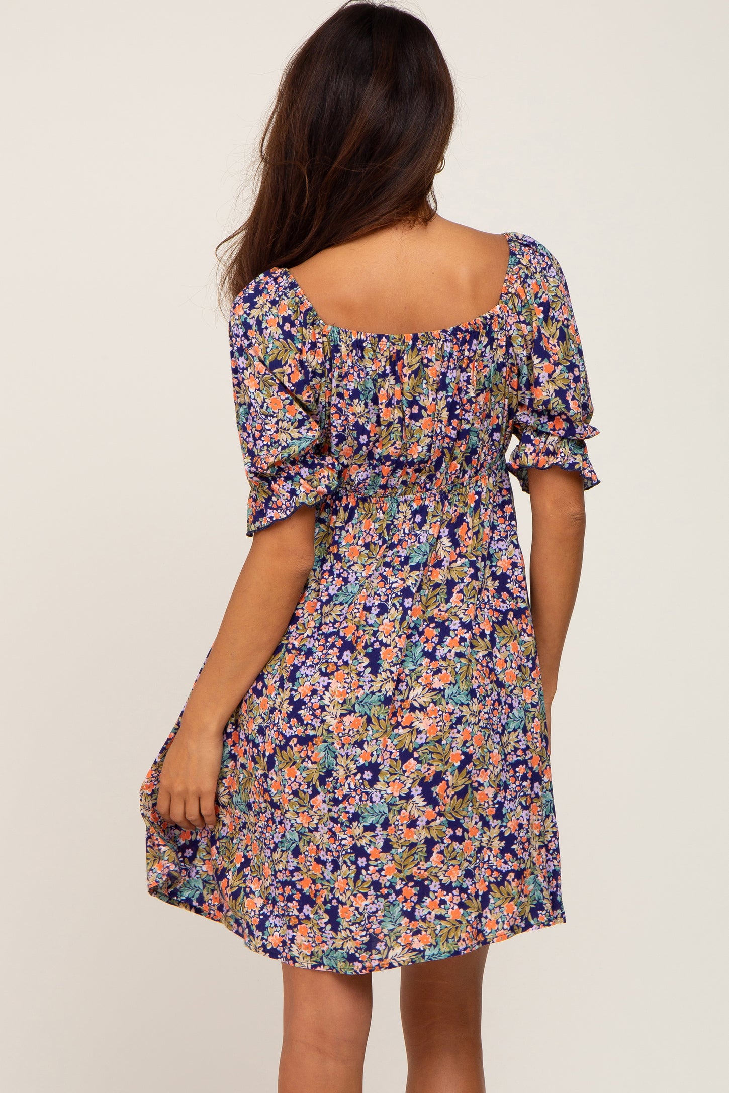 Navy Floral Cinched Short Sleeve Dress