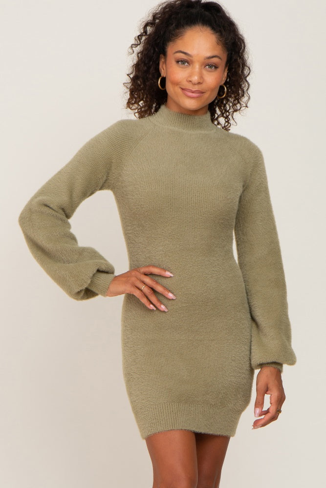Olive Fuzzy Knit Puff Sleeve Sweater Dress