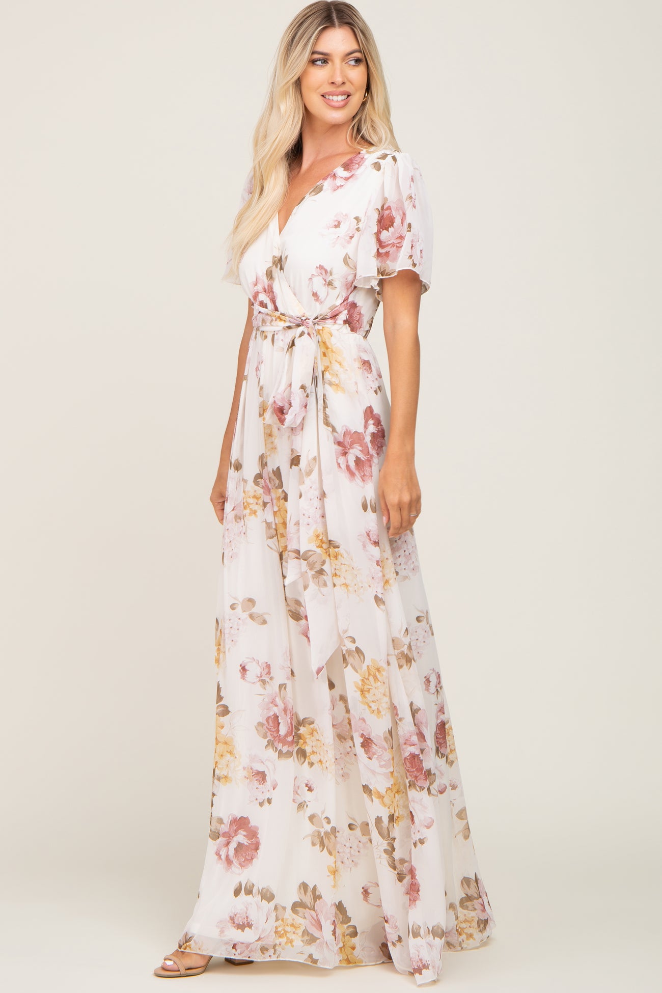 Cream Floral Chiffon Wrap Short Sleeve Maxi Dress