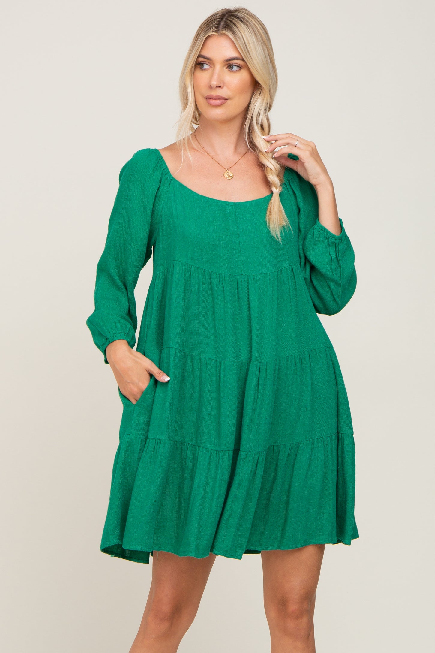 Green Tiered Long Sleeve Plus Dress