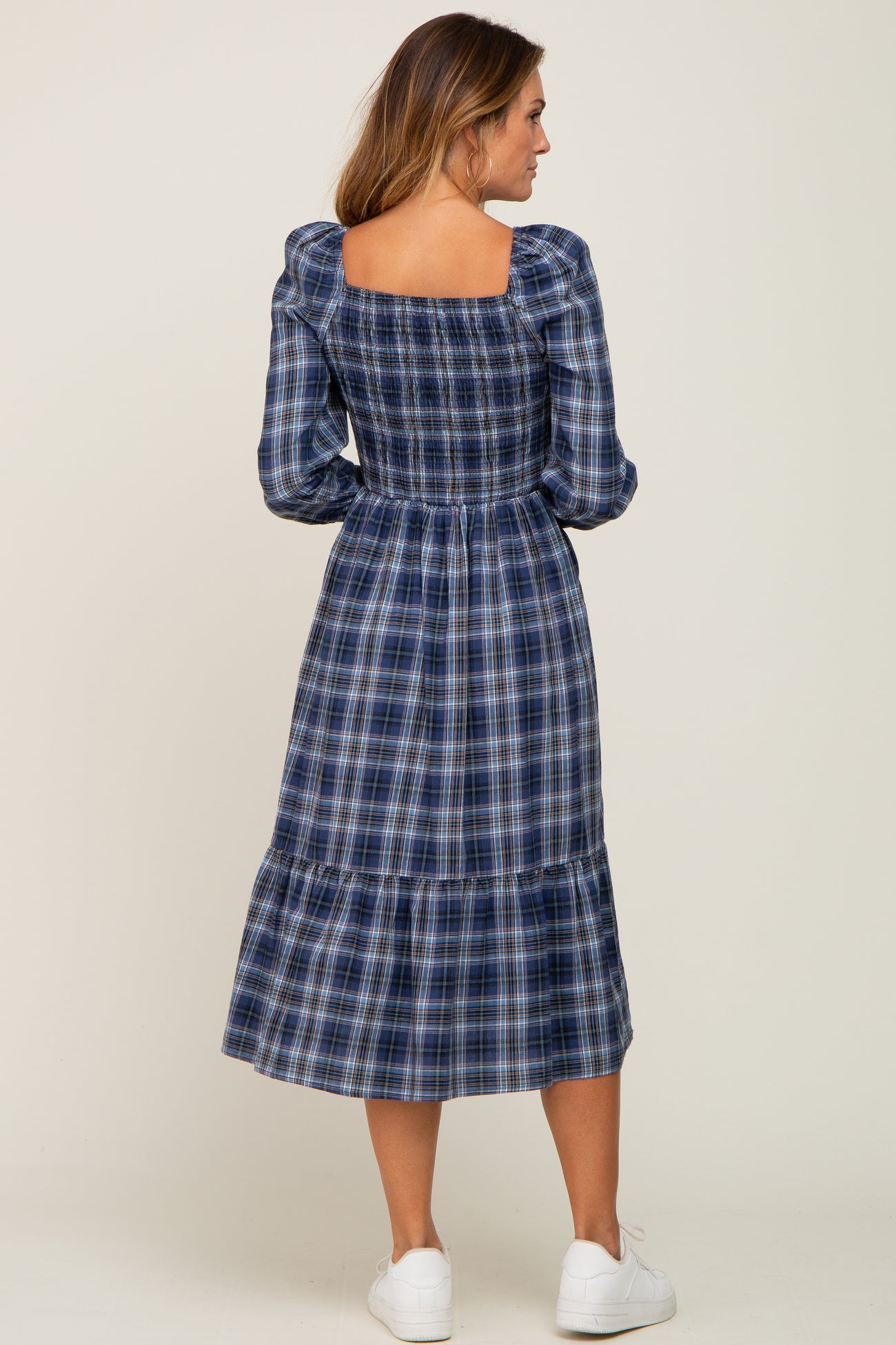 Navy Plaid Puff Sleeve Midi Dress