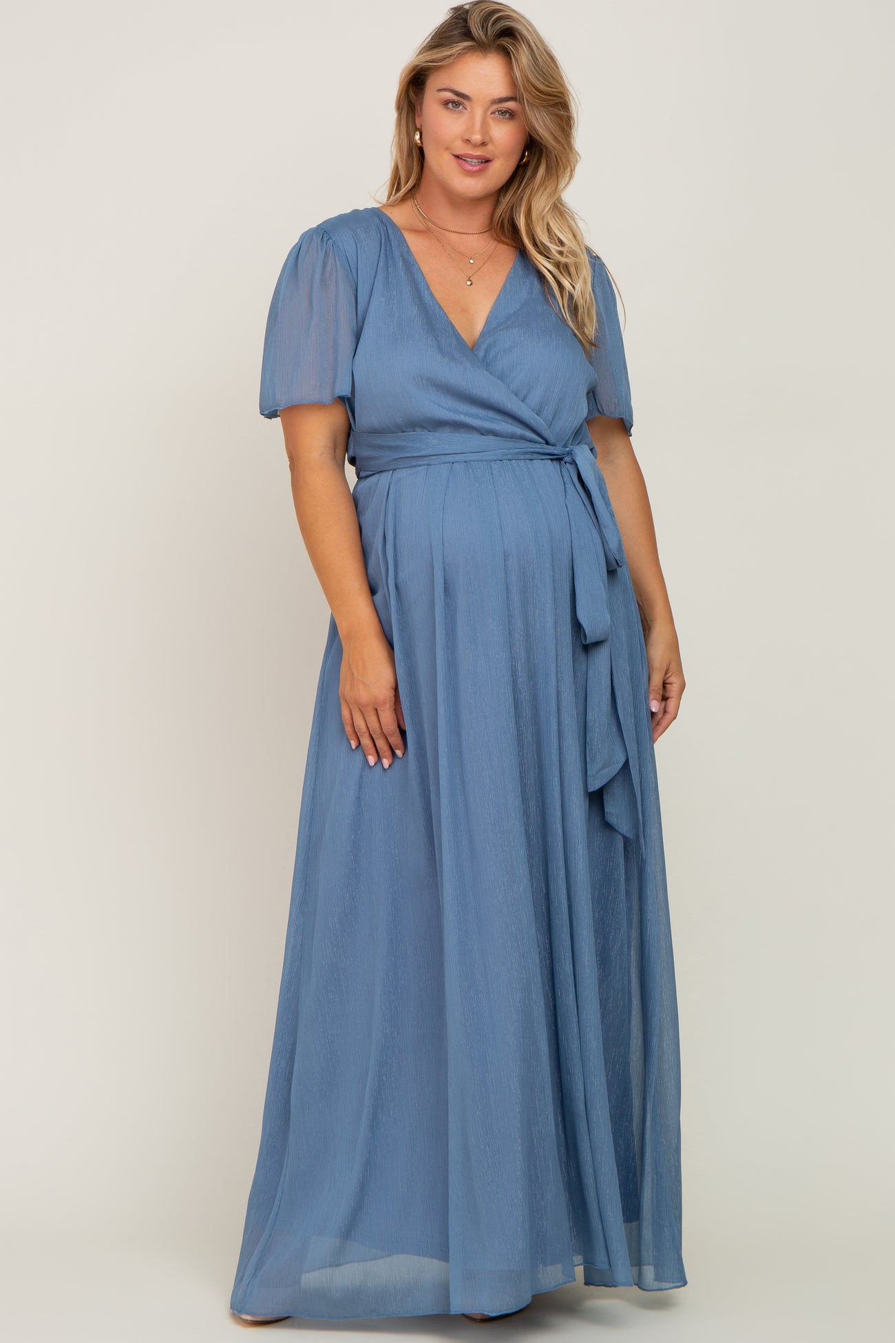 Blue Metallic Shimmer Chiffon Maternity Plus Maxi Dress