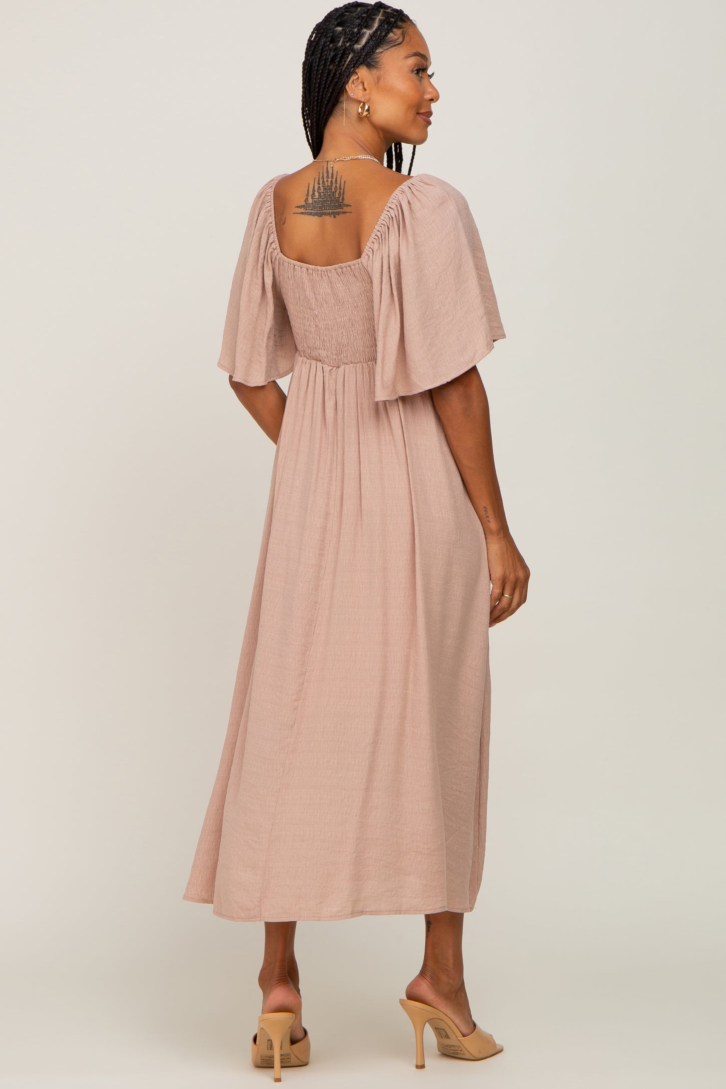 Mocha Front Tie Ruffle Sleeve Midi Dress