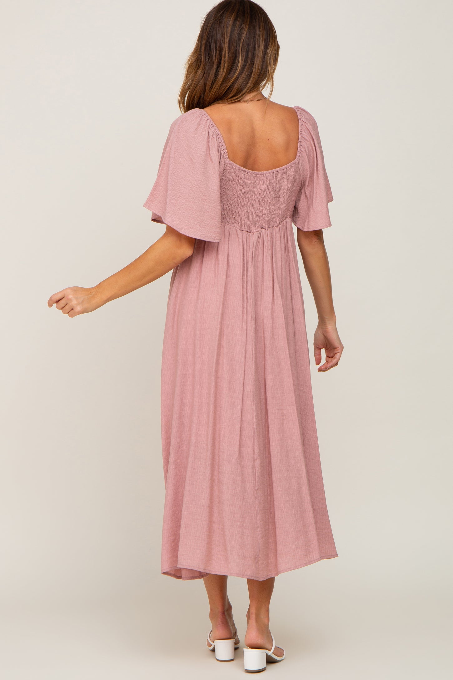 Mauve Front Tie Ruffle Sleeve Midi Dress