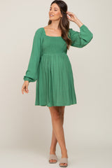 Green Smocked Long Sleeve Maternity Dress