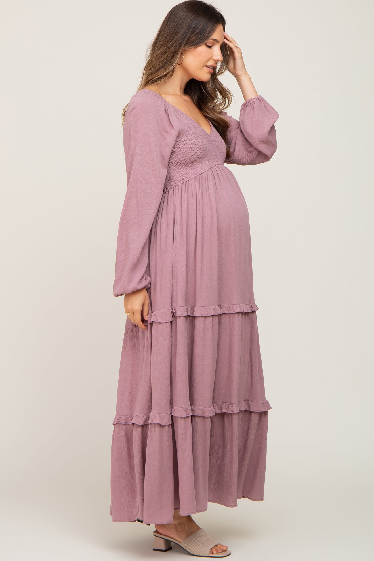 Mauve Smocked Tiered Maternity Midi Dress