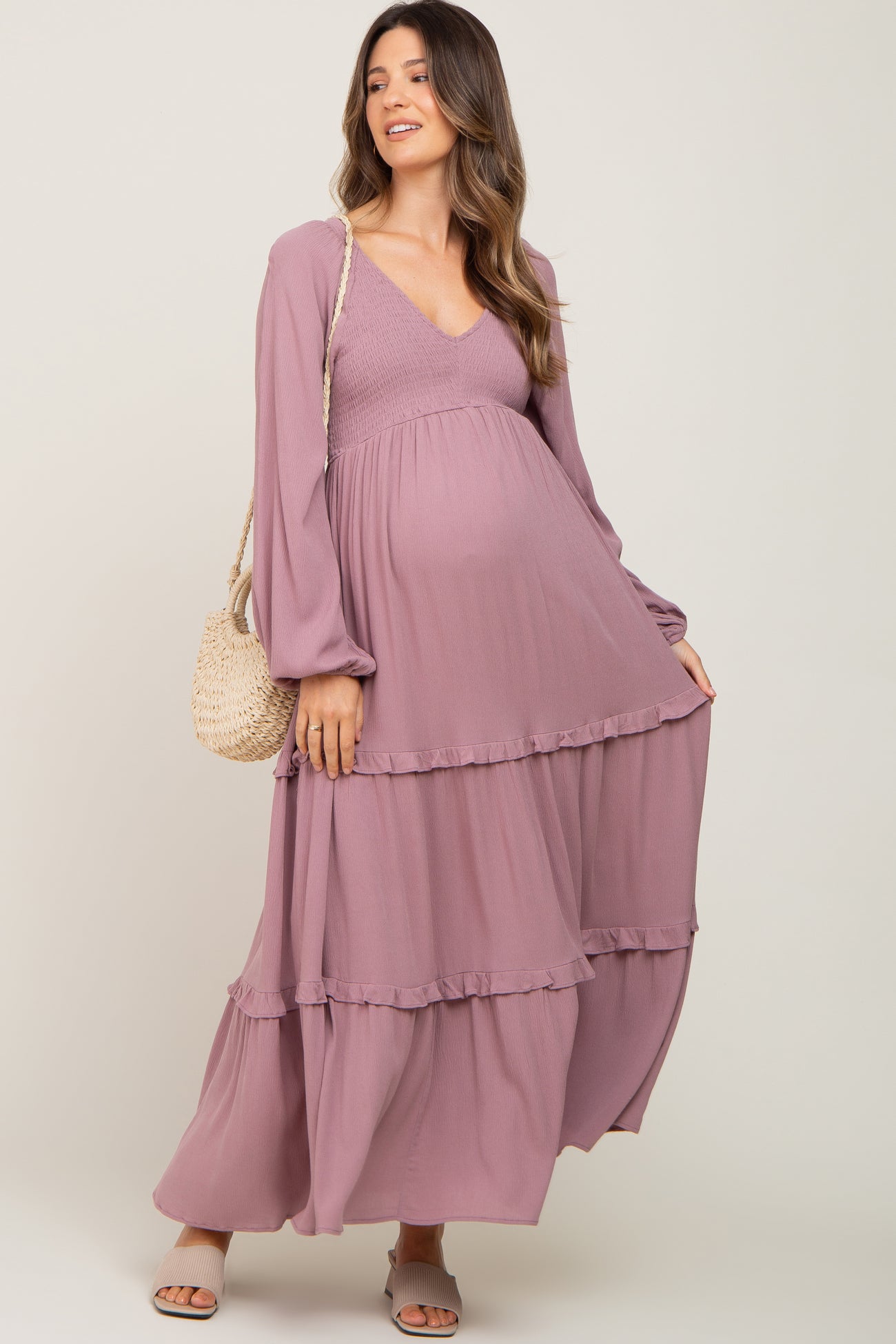 Mauve Smocked Tiered Maternity Midi Dress