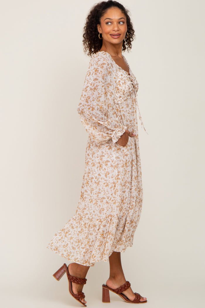 Ivory Floral Chiffon Ruffle Maxi Dress