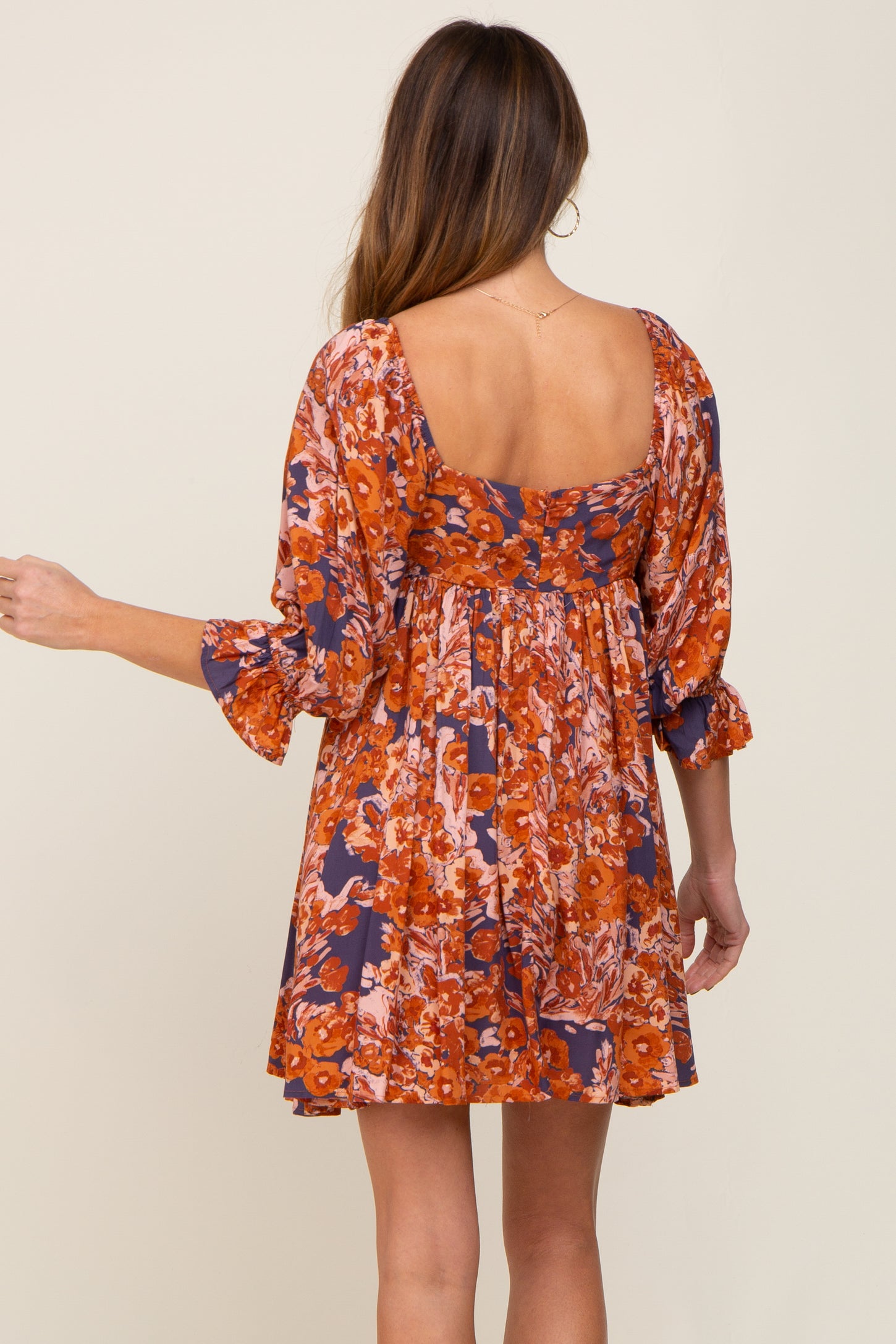 Navy Rust Floral Puff Sleeve Mini Dress