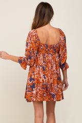 Navy Rust Floral Puff Sleeve Mini Dress