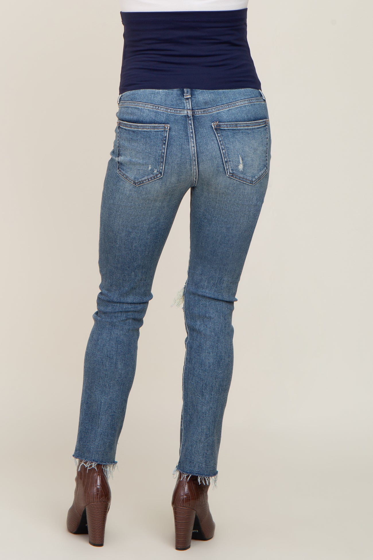Light Blue Distressed Raw Hem Maternity Jeans