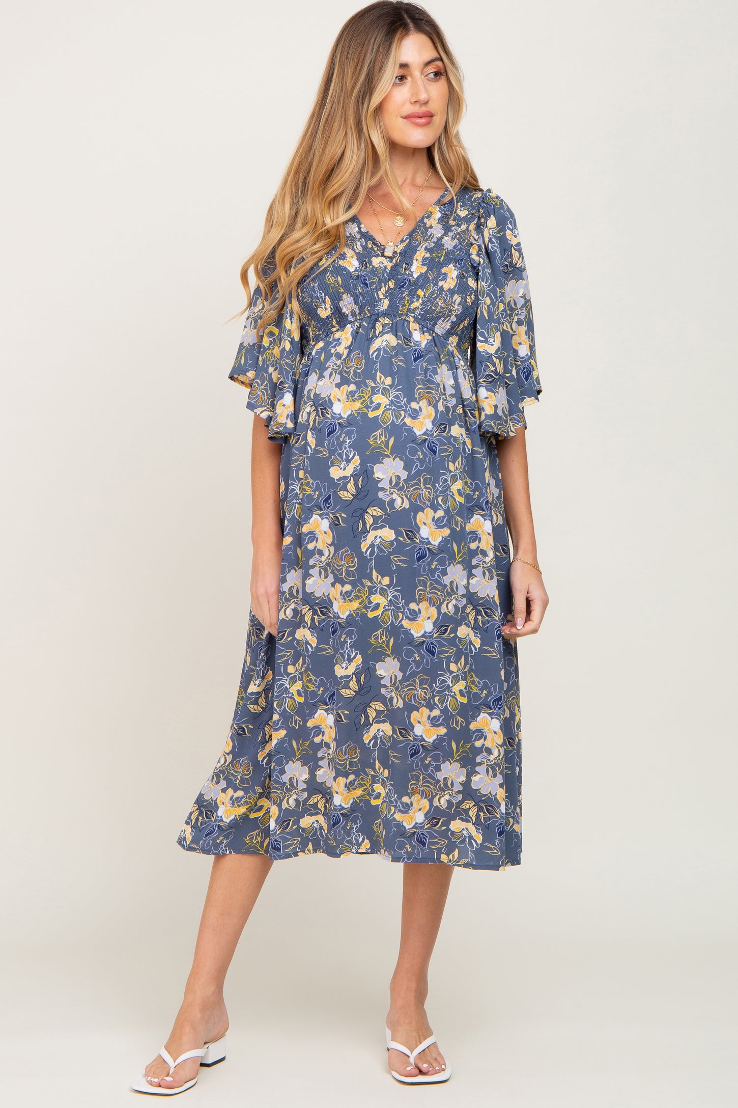 Blue Floral Smocked Flowy Half Sleeve Maternity Midi Dress