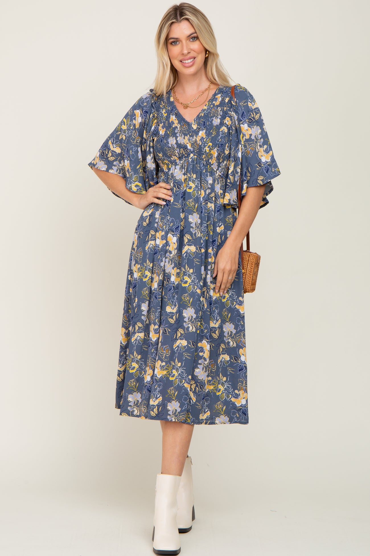 Blue Floral Smocked Flowy Half Sleeve Maternity Midi Dress