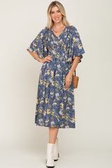 Blue Floral Smocked Flowy Half Sleeve Maternity Midi Dress