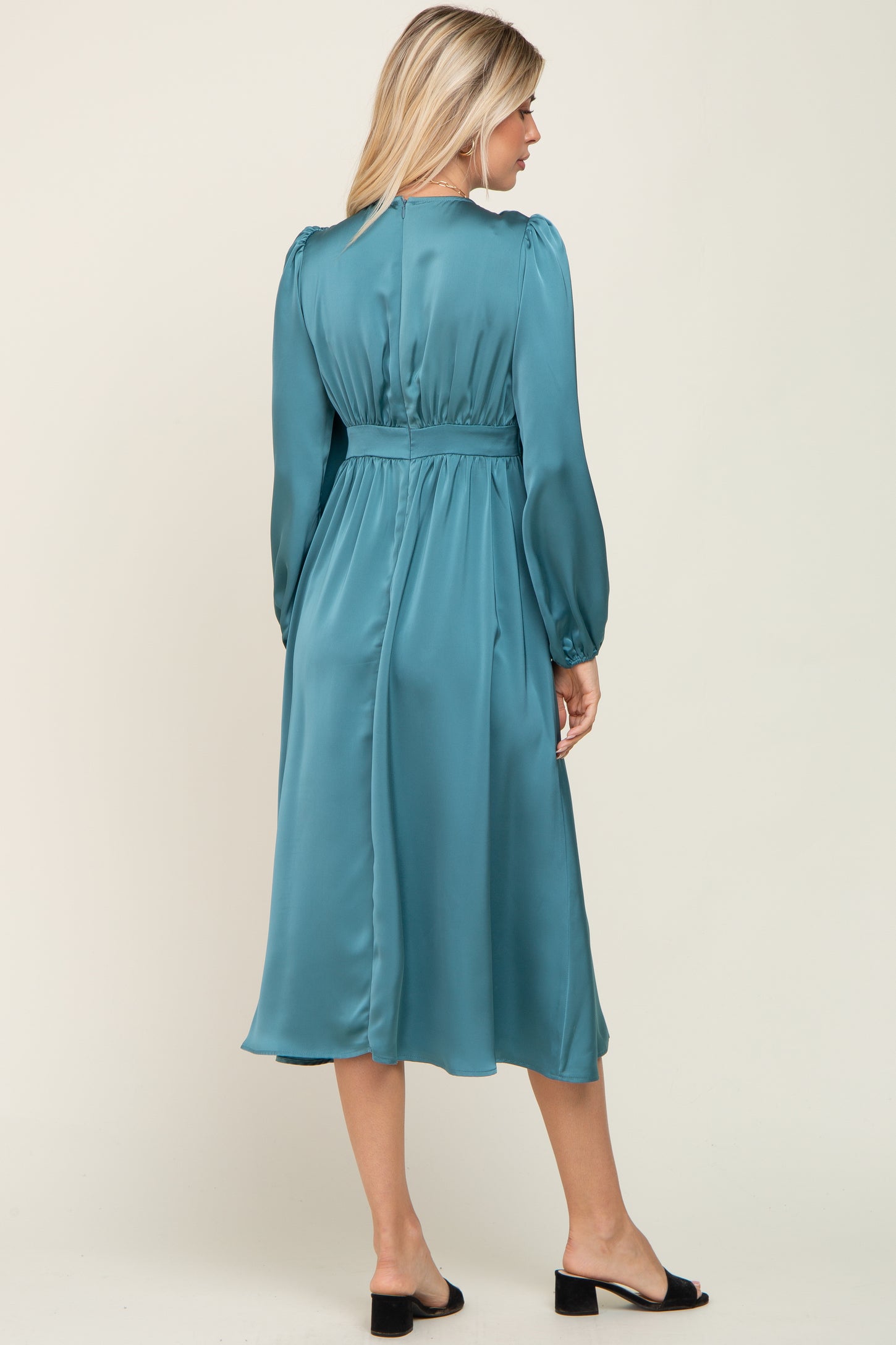 Teal Satin Tie Front Cutout Midi Dress