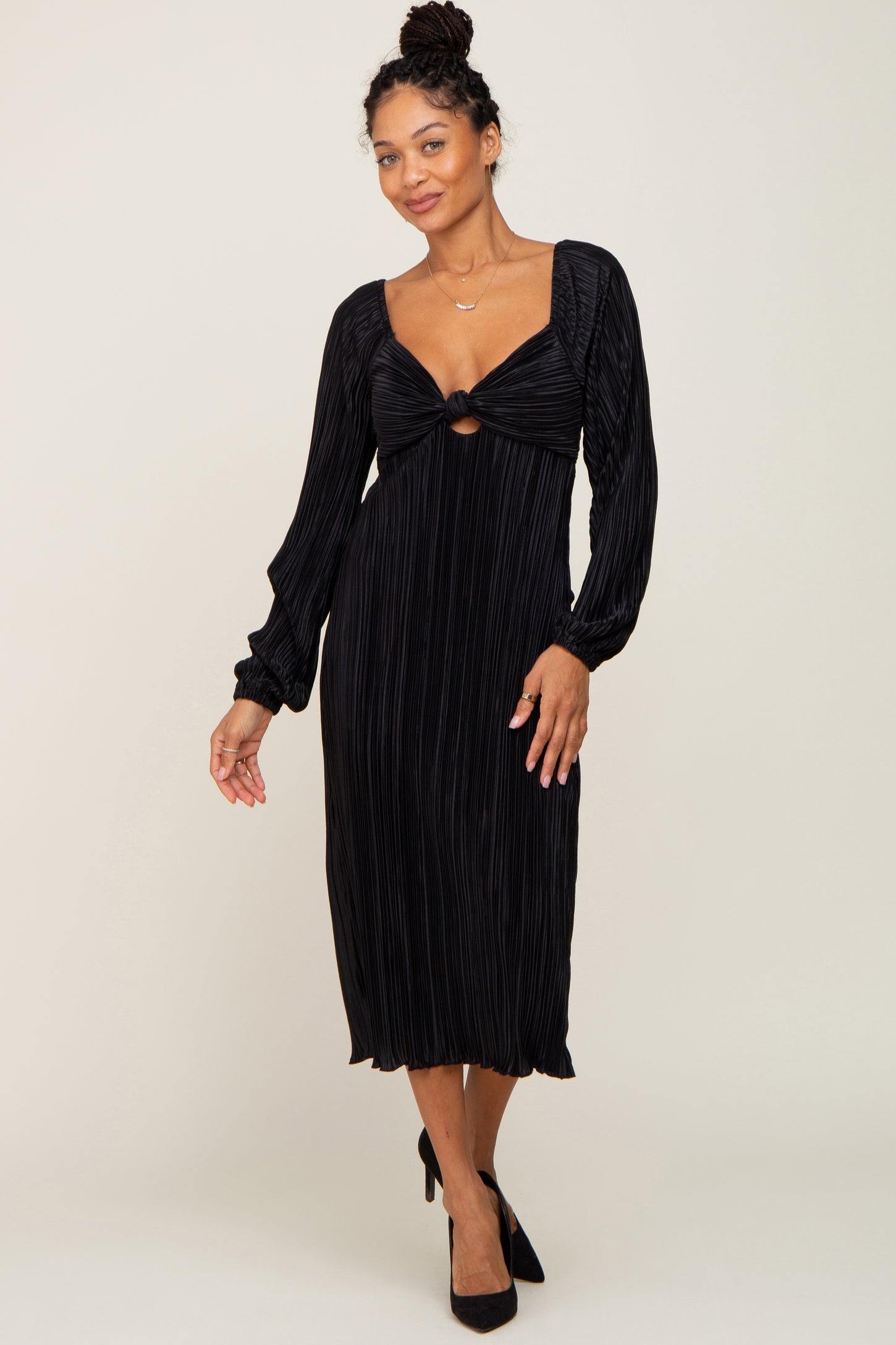 Black Pleated Front Cutout Back Tie Maternity Midi Dress