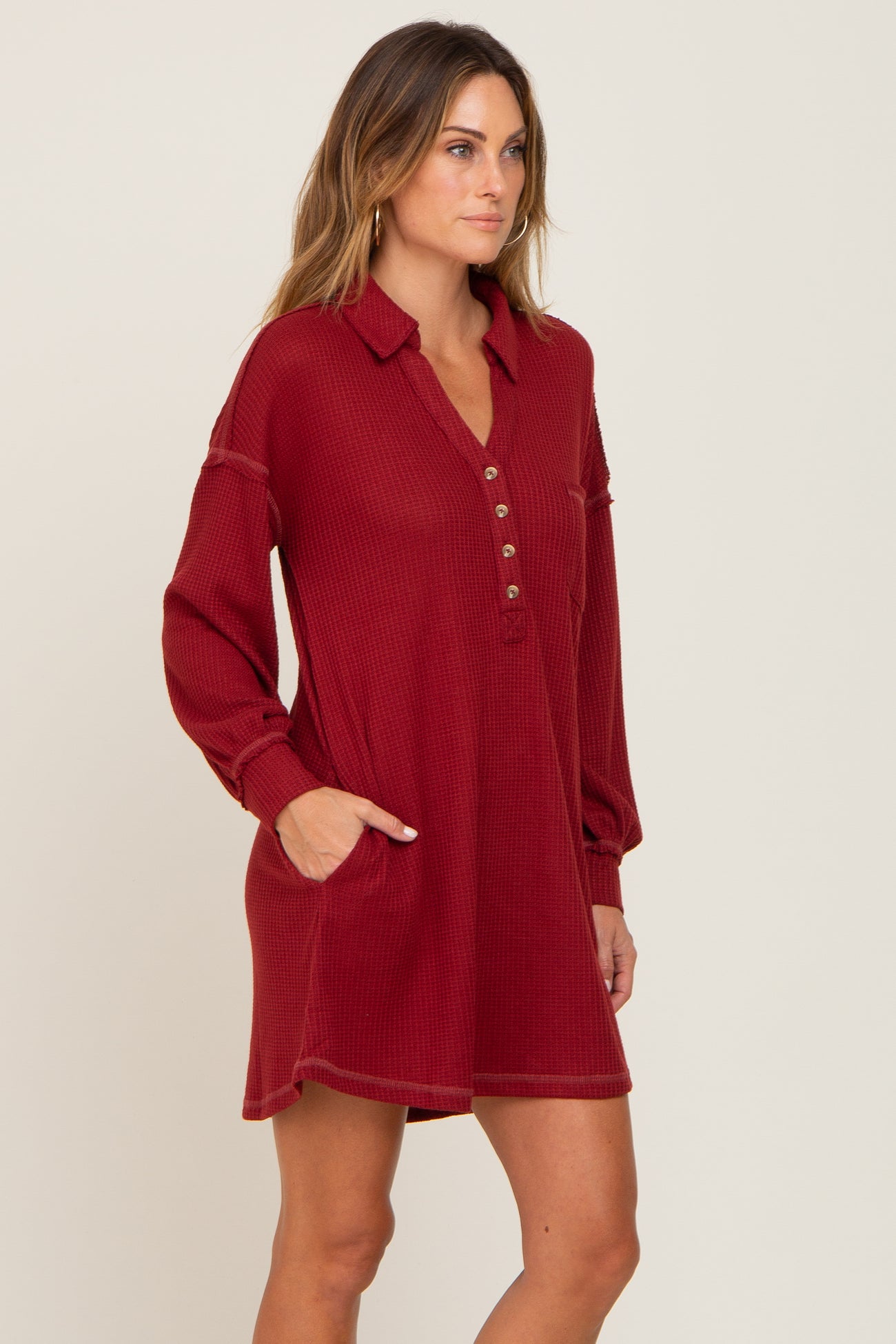 Burgundy Waffle Knit Collared Long Sleeve Dress
