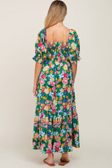 Green Floral Smocked Puff Sleeve Maternity Maxi Dress