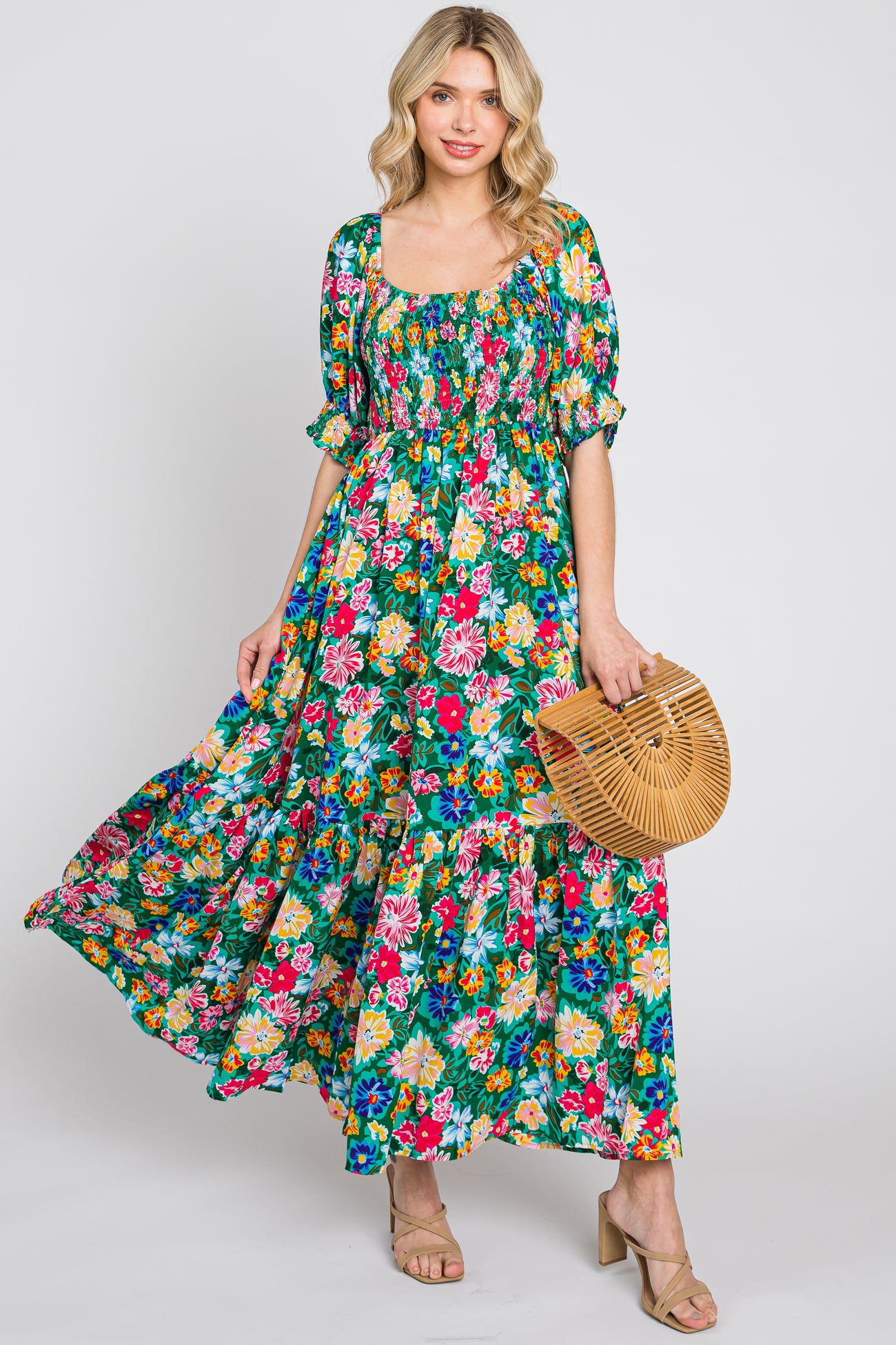 Green Floral Smocked Puff Sleeve Maternity Maxi Dress