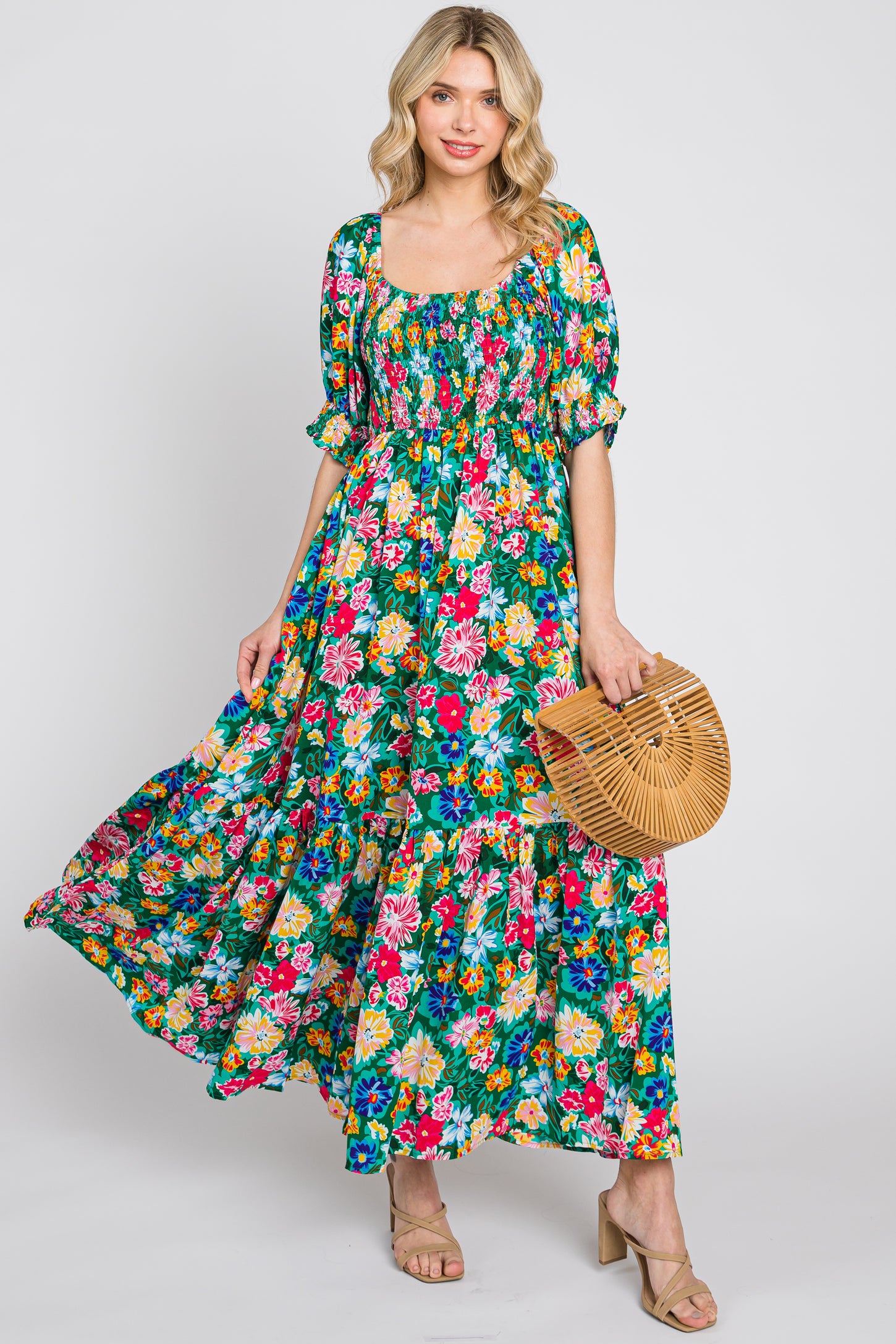 Green Floral Smocked Puff Sleeve Maternity Maxi Dress