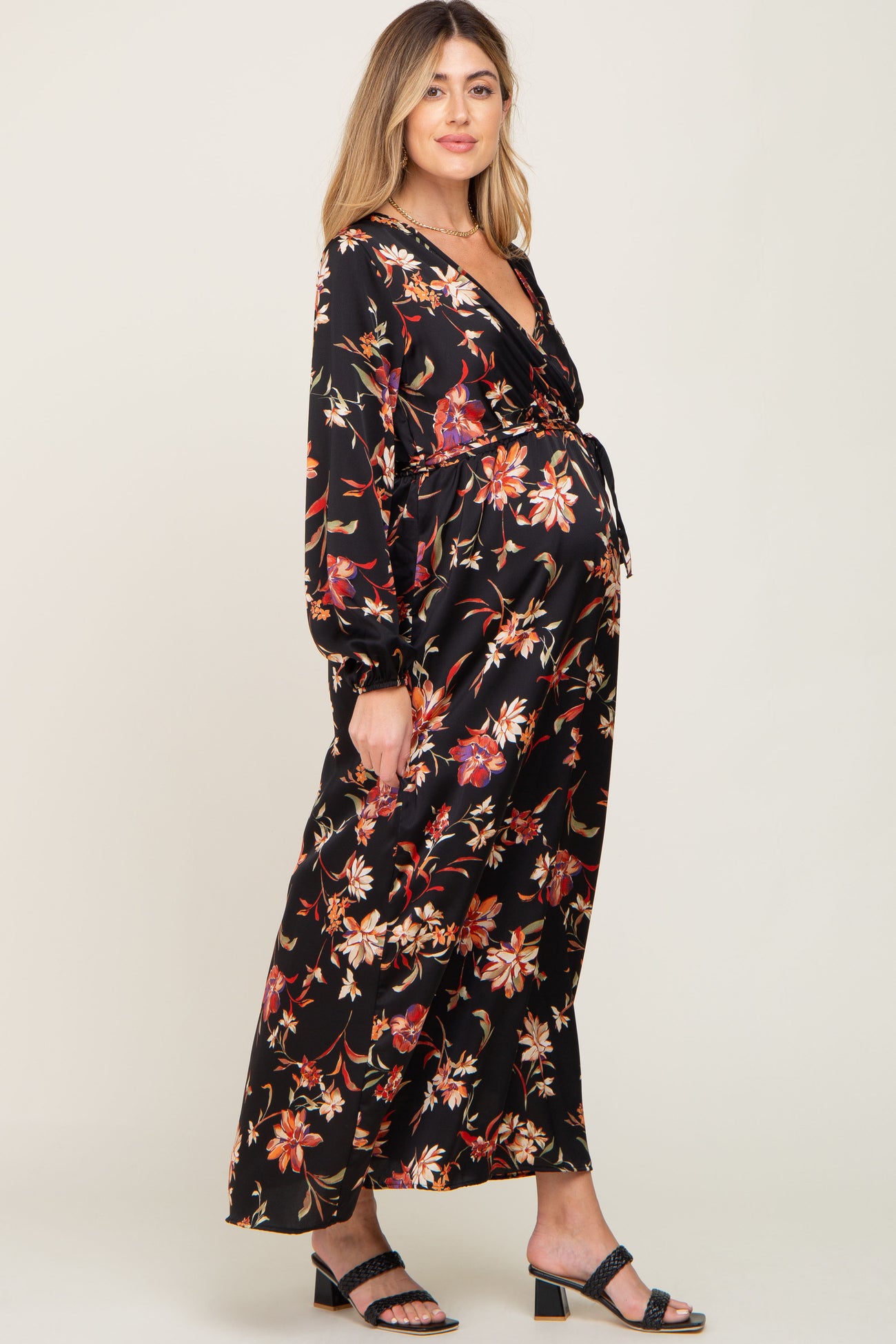 Black Floral Wrap Maternity Maxi Dress