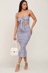 Light Blue Floral Knot Front Smocked Maternity Midi Dress