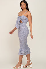 Light Blue Floral Knot Front Smocked Midi Dress