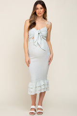 Mint Green Floral Knot Front Smocked Maternity Midi Dress