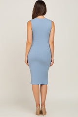 Light Blue Ribbed Side Slit Maternity Fitted Dress