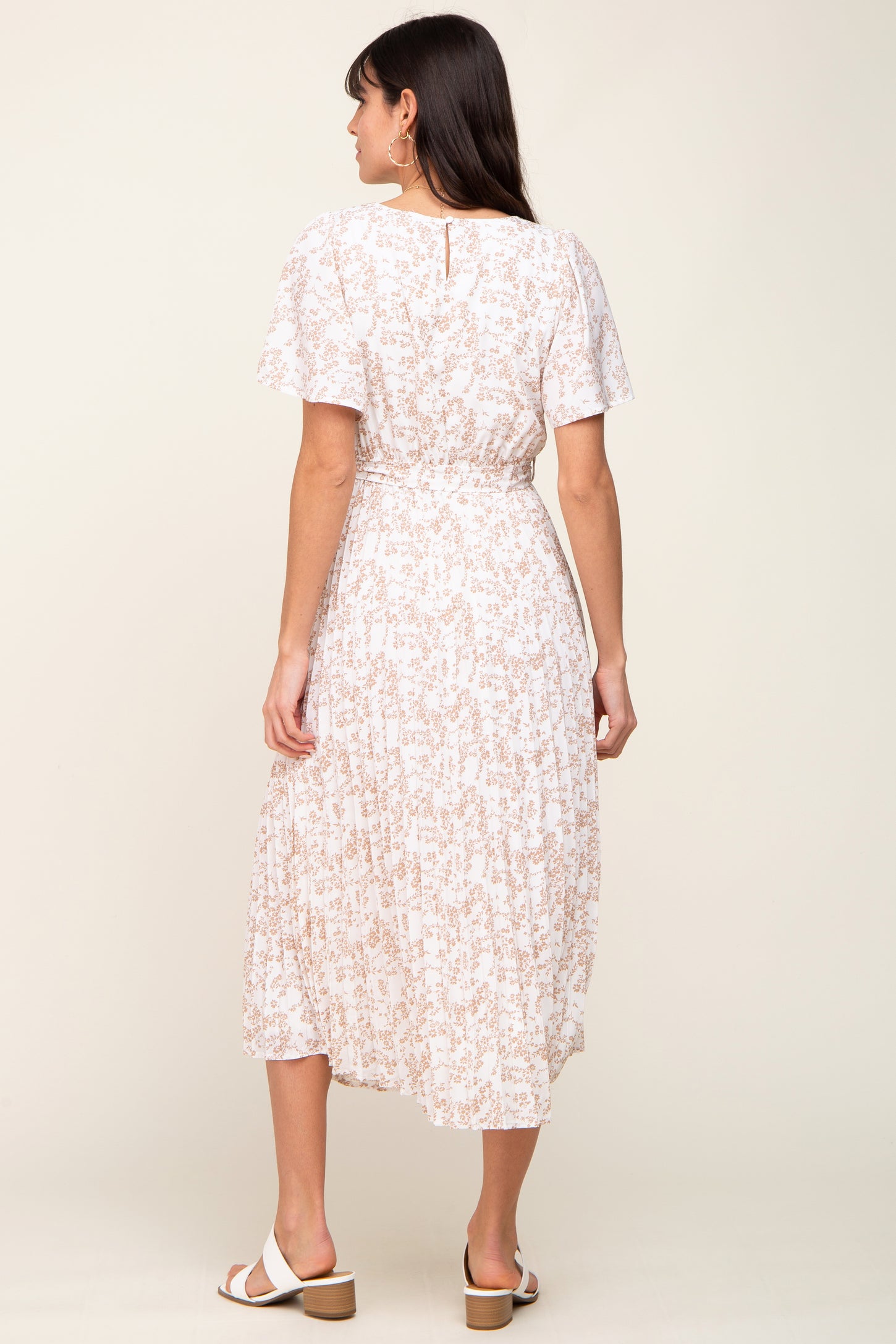 Ivory Floral Pleated Midi Dress