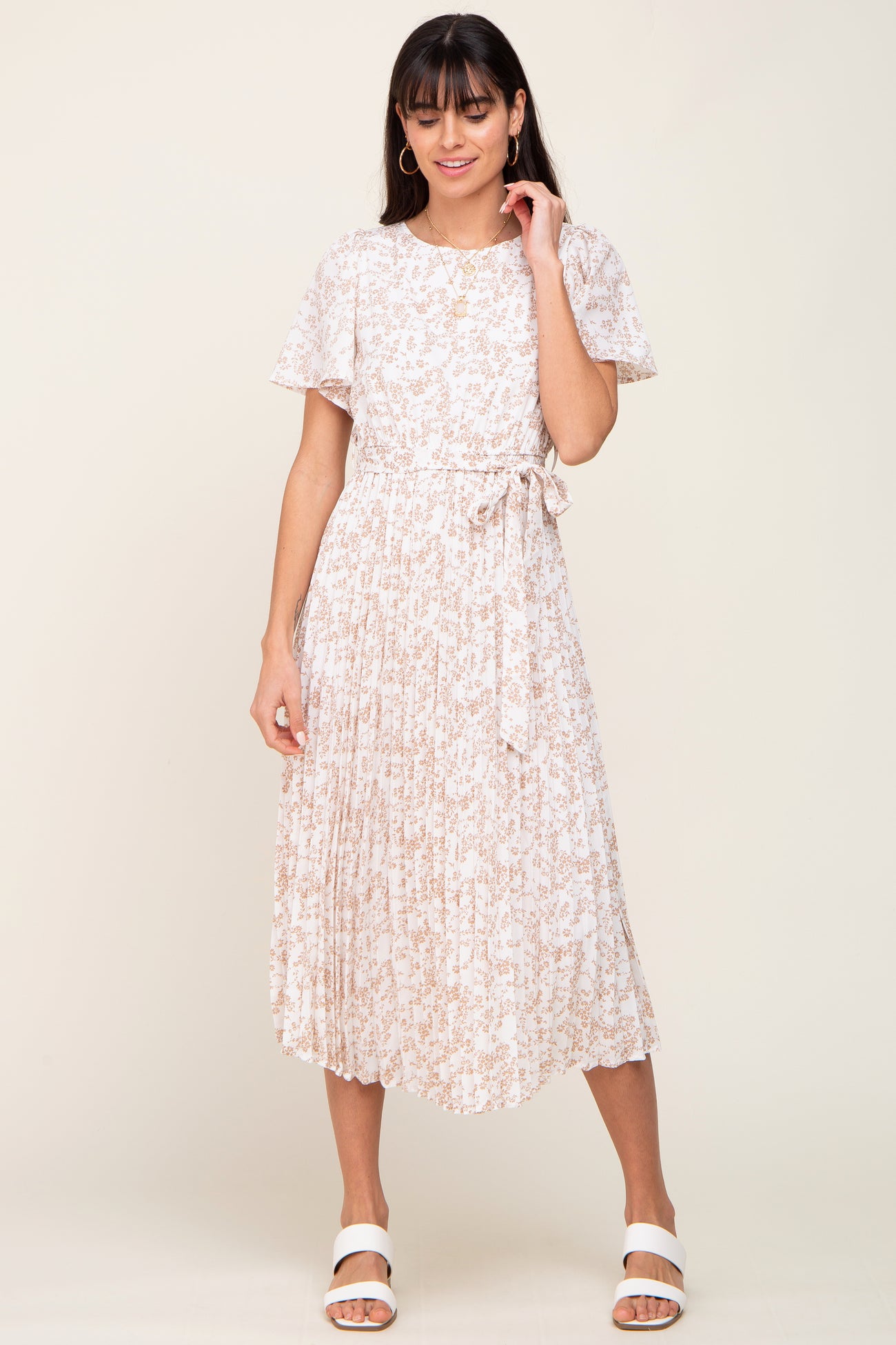 Ivory Floral Pleated Midi Dress