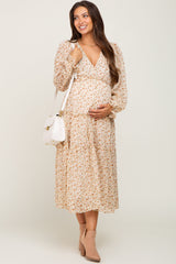 Cream Floral Ruffle Tiered Maternity Midi Dress