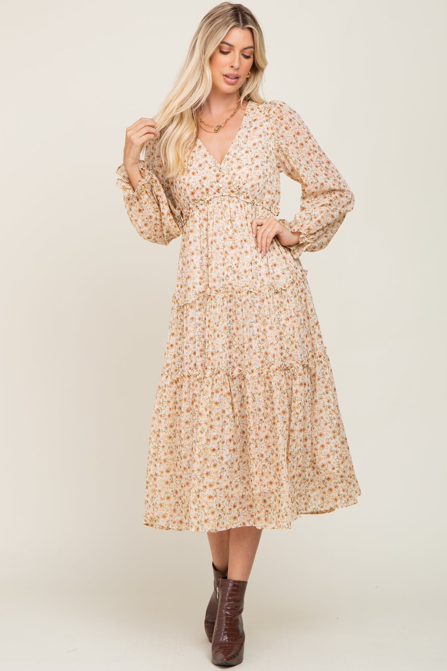 Cream Floral Ruffle Tiered Maternity Midi Dress