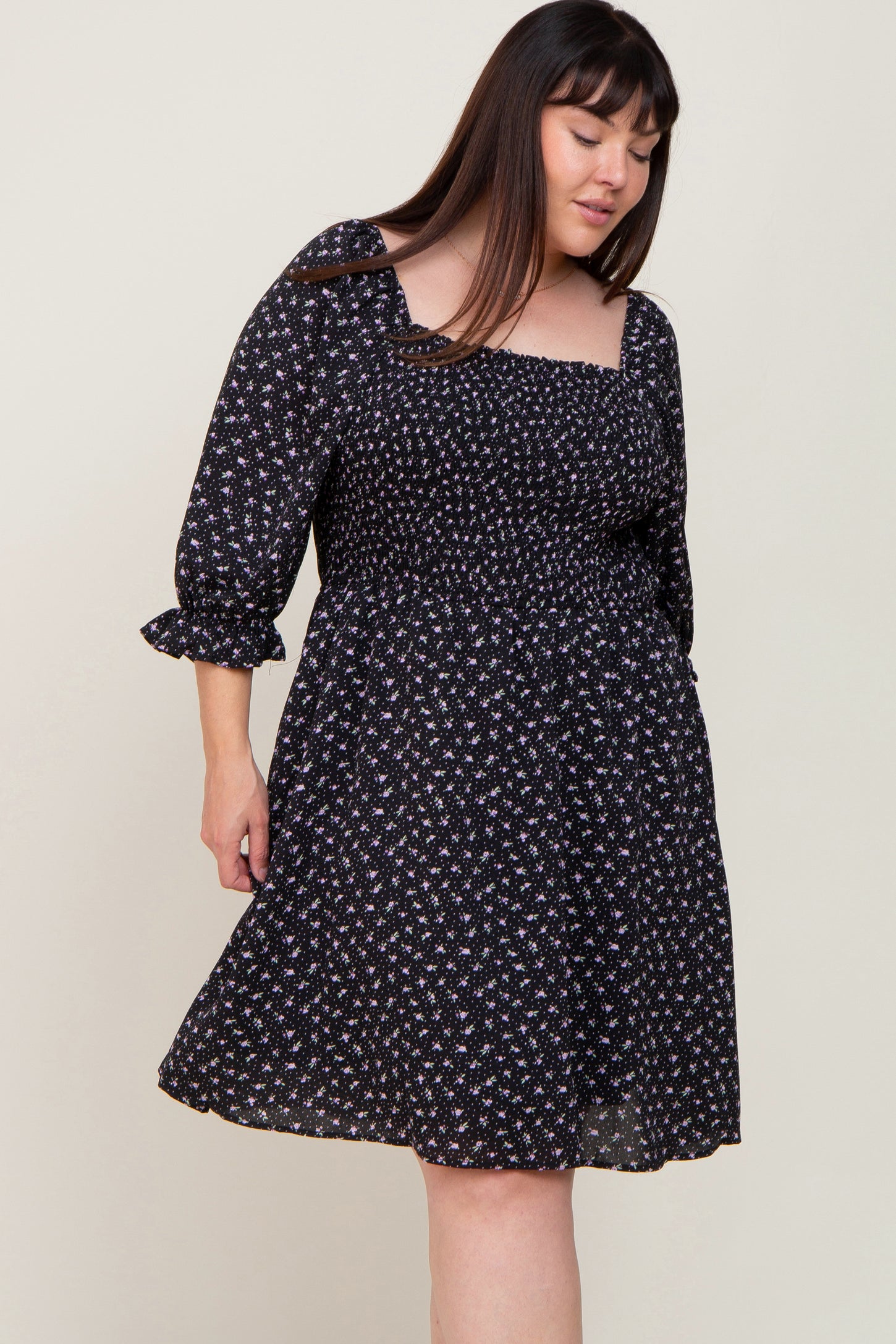 Black Floral Square Neck Plus Maternity Dress