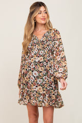 Black Floral Chiffon Smocked Ruffle Hem Maternity Dress