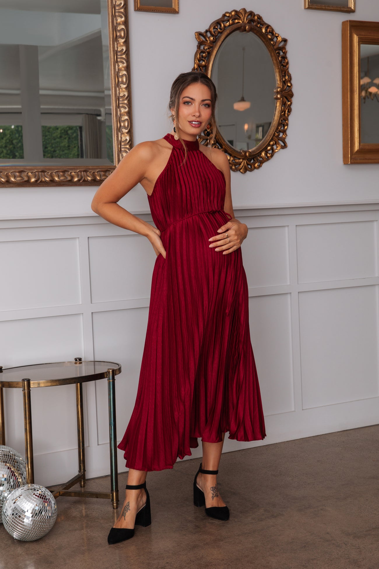 Burgundy Pleated Maternity Halter Dress