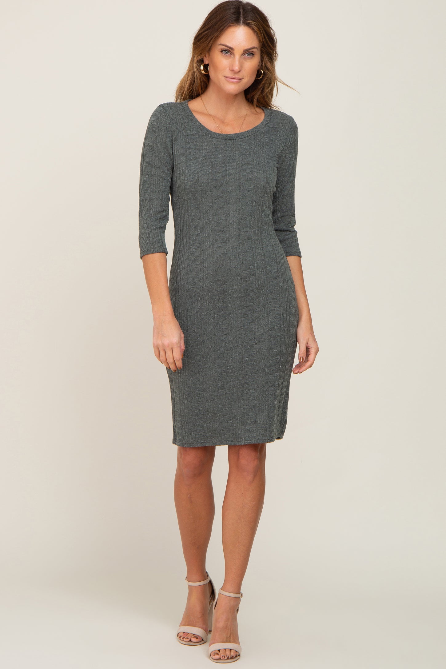 Olive Rib Knit 3/4 Sleeve Dress