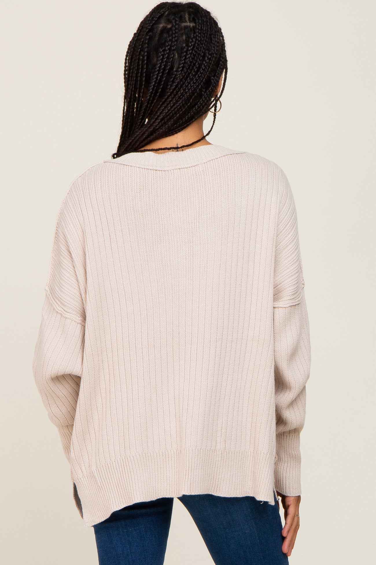 Beige V-Neck Oversized Sweater