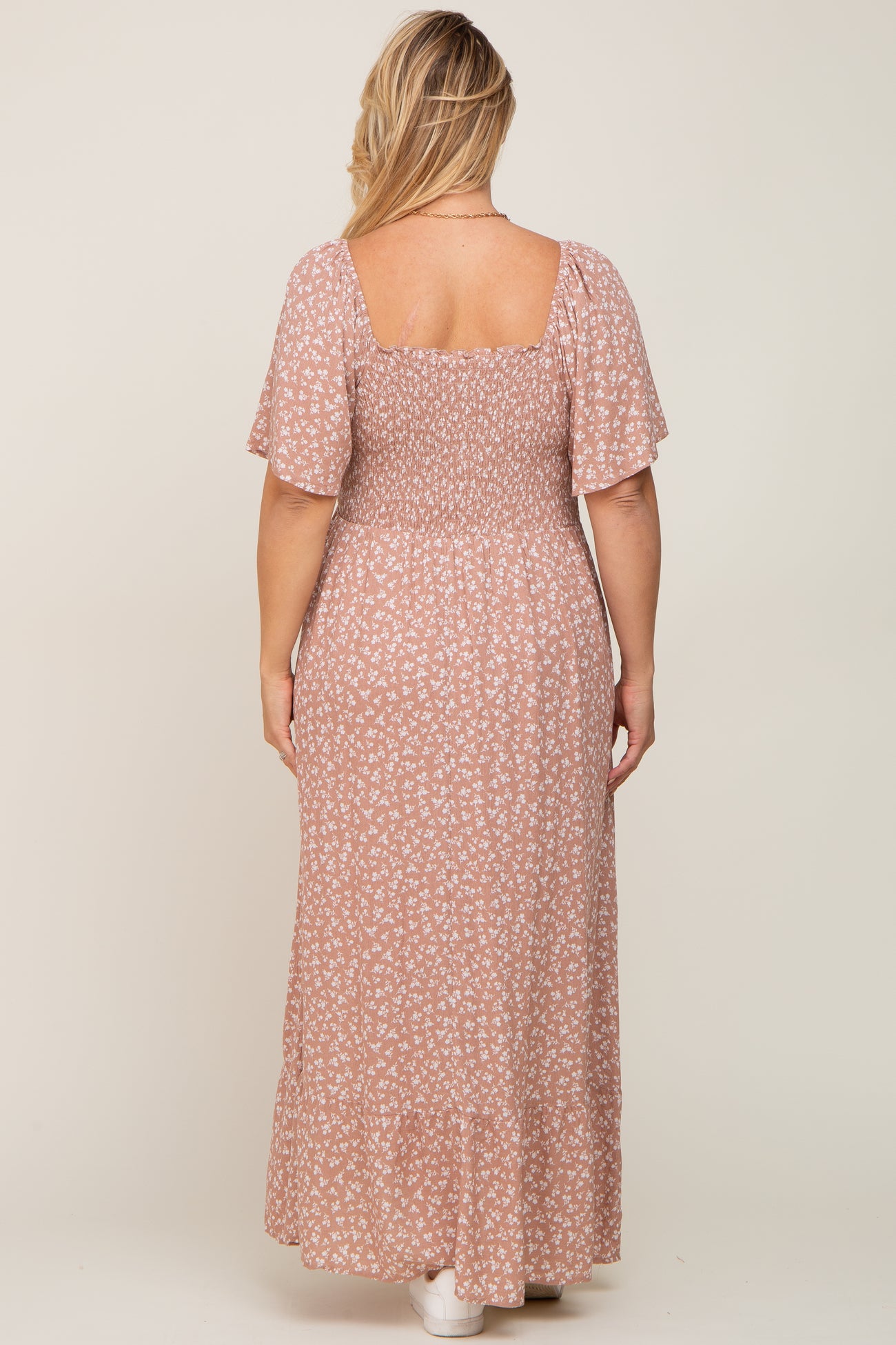 Taupe Floral Smocked Flounce Sleeve Maternity Plus Maxi Dress