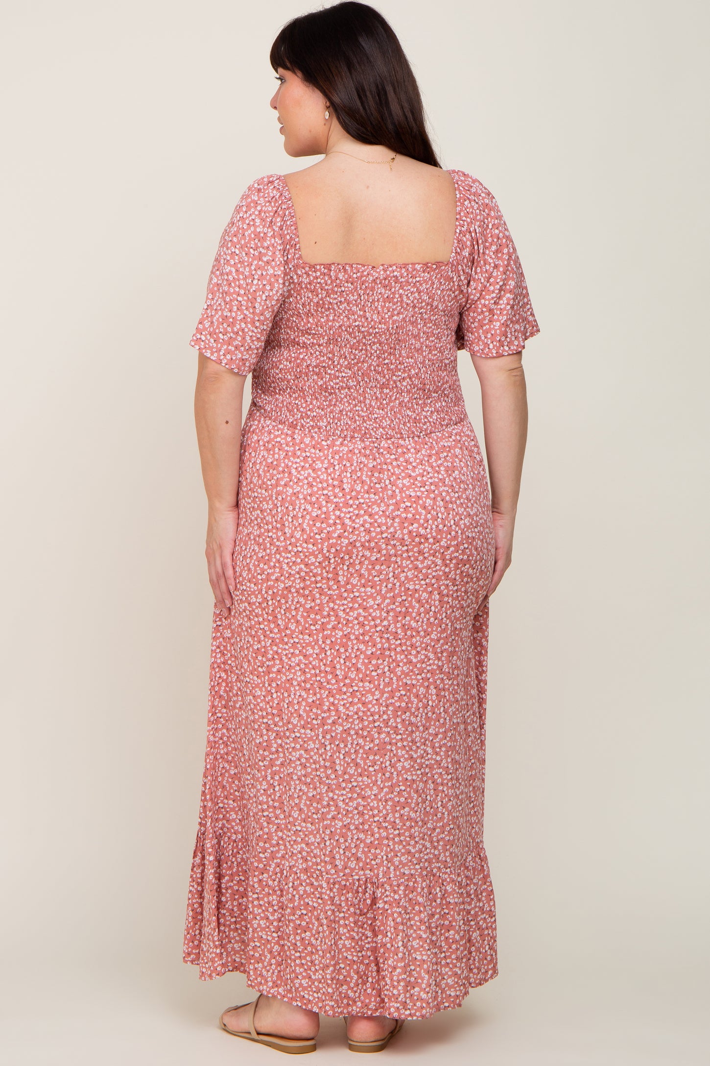 Mauve Floral Smocked Flounce Sleeve Plus Maxi Dress
