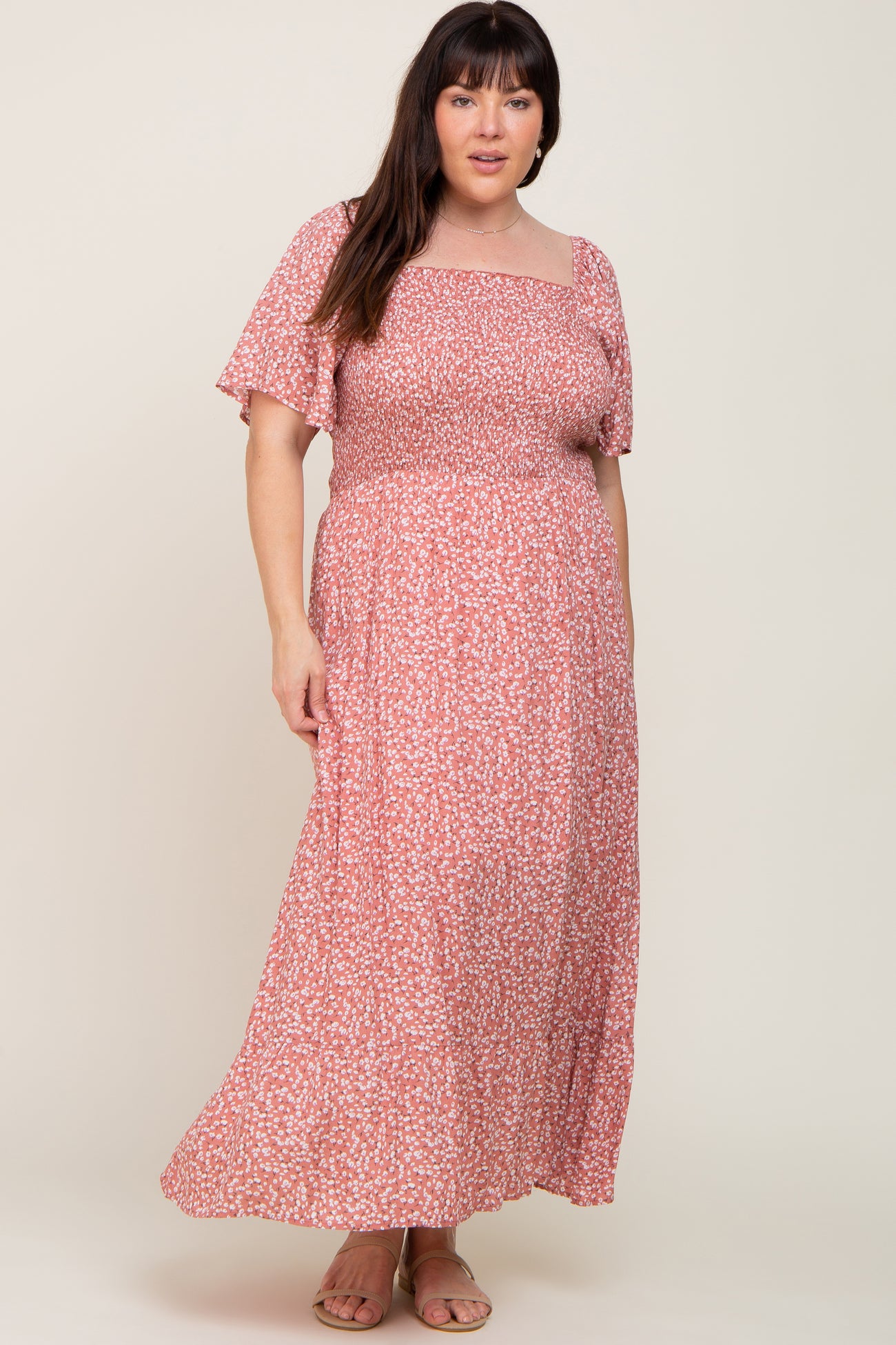Mauve Floral Smocked Flounce Sleeve Plus Maxi Dress