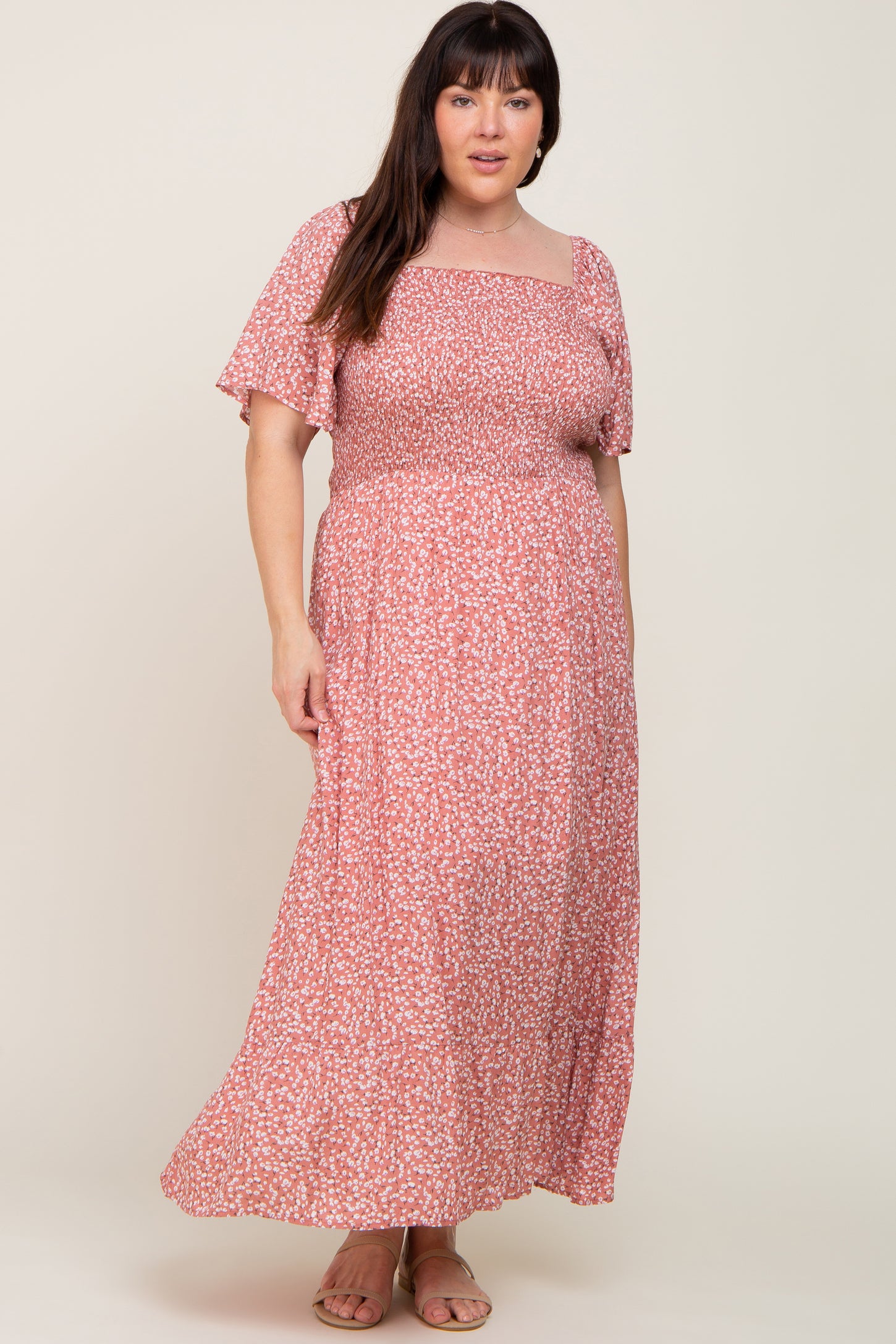 Mauve Floral Smocked Flounce Sleeve Plus Maxi Dress