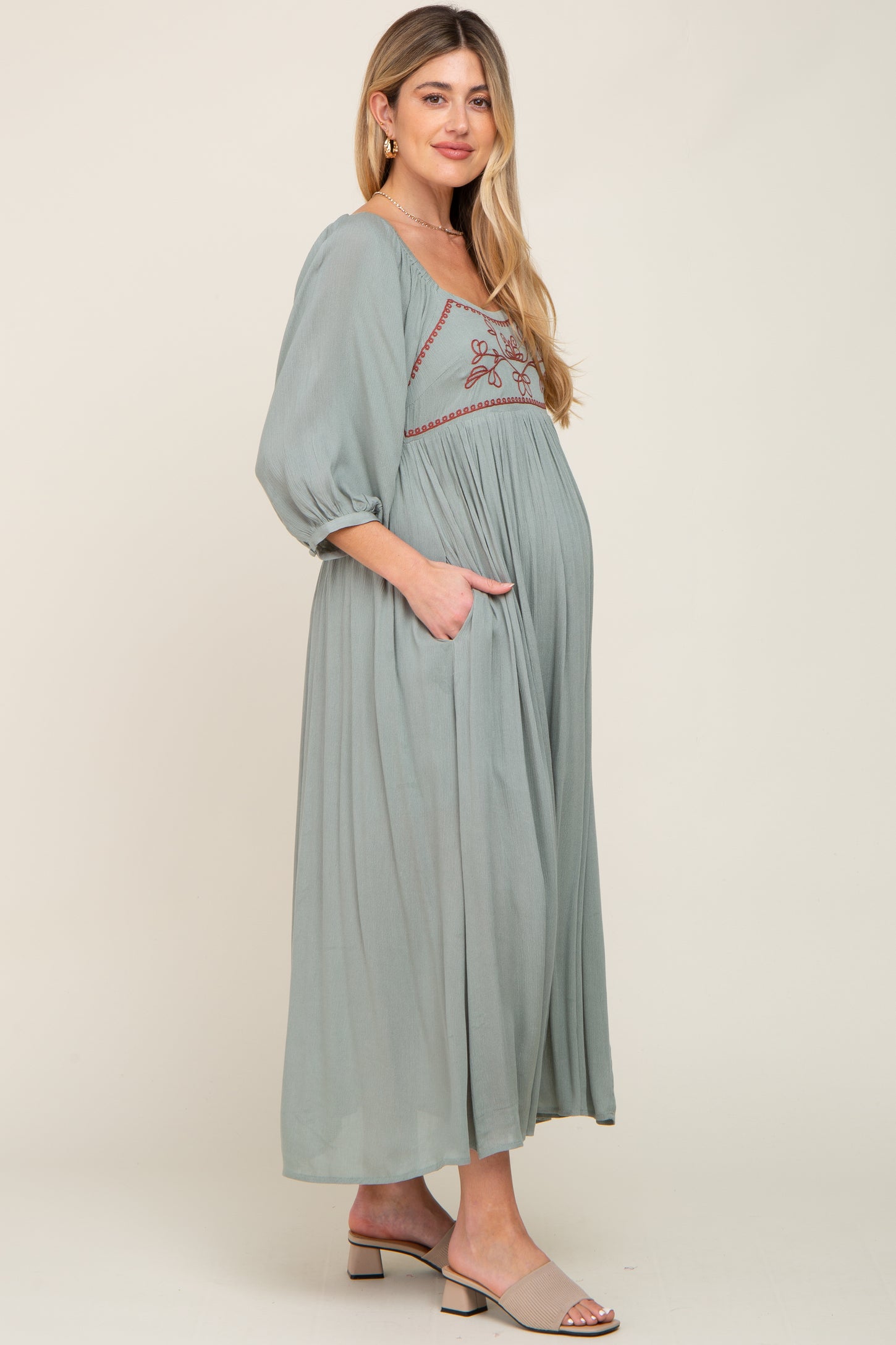 Mint Embroidered 3/4 Sleeve Maternity Maxi Dress