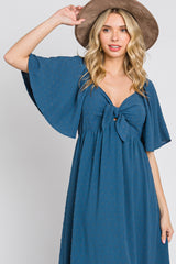 Navy Blue Textured Dot Front Tie Ruffle Sleeve Midi Dress