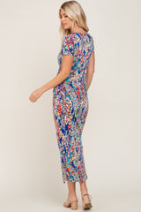 Royal Blue Multi-Color Floral Side Slit Maxi Dress